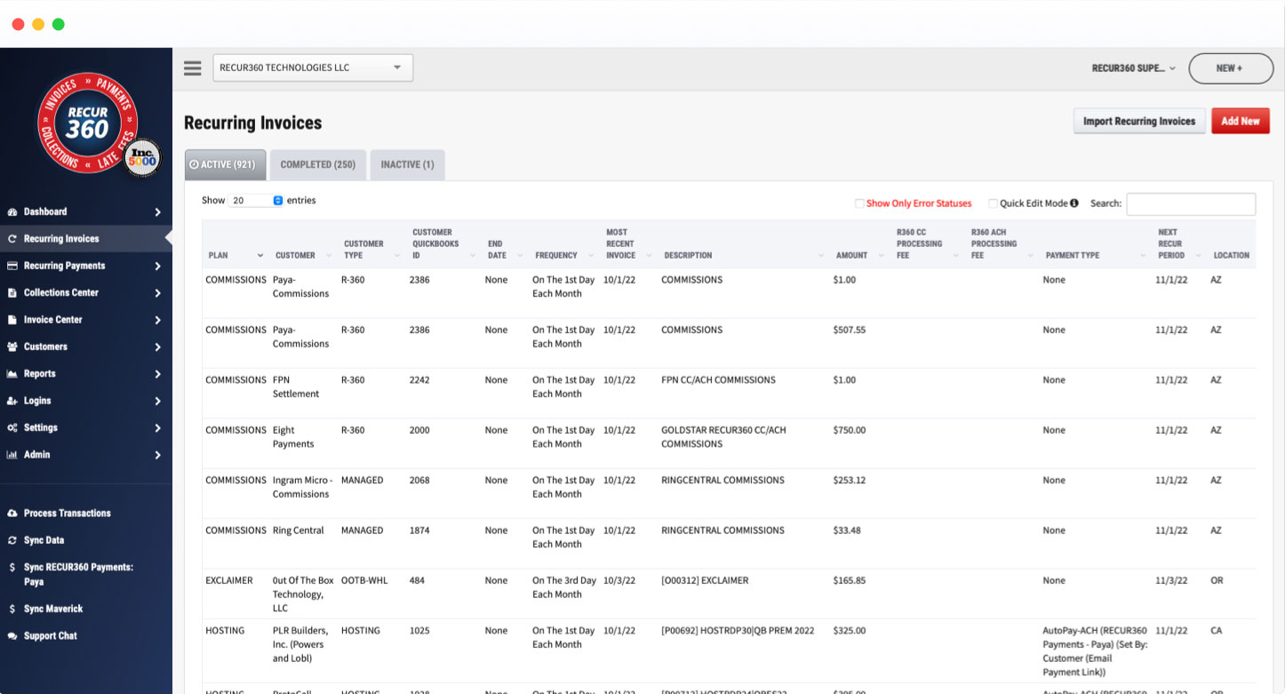 Screenshot of recurring billing platform RECUR360