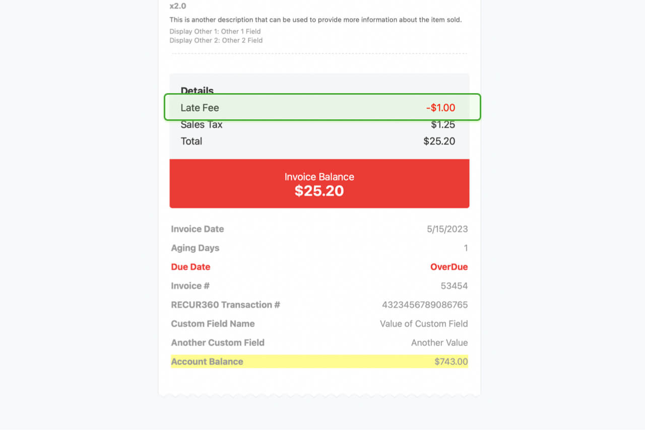 Screenshot of Auto generate late fees based on when invoice is overdue in RECUR360