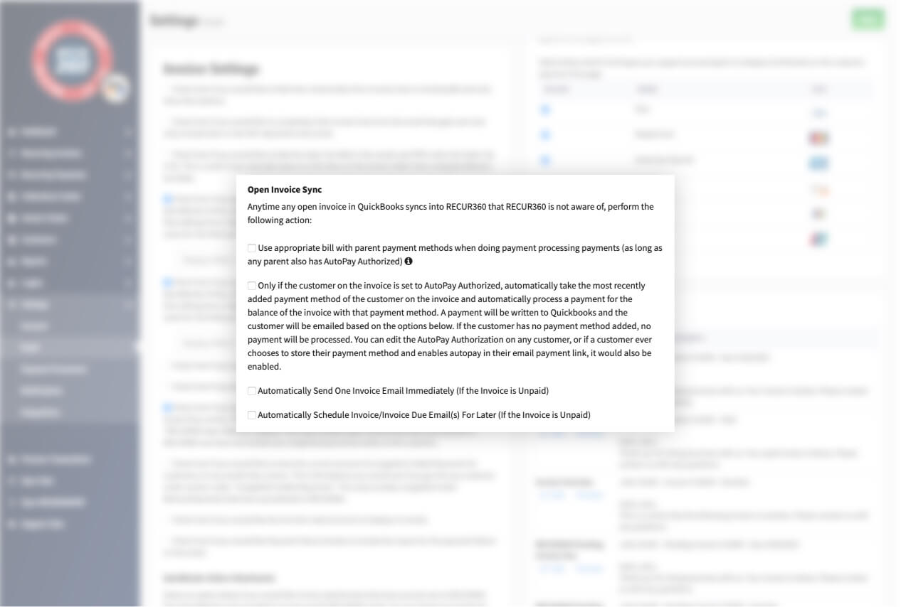 Screenshot of Choose behavior when open invoices sync into RECUR360 in RECUR360
