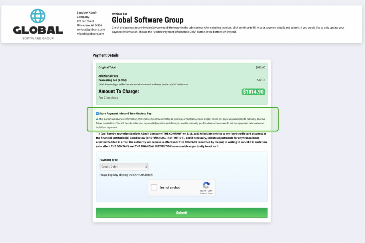 Screenshot of Choose if Customers Can Auto Store Their Payment Method in RECUR360