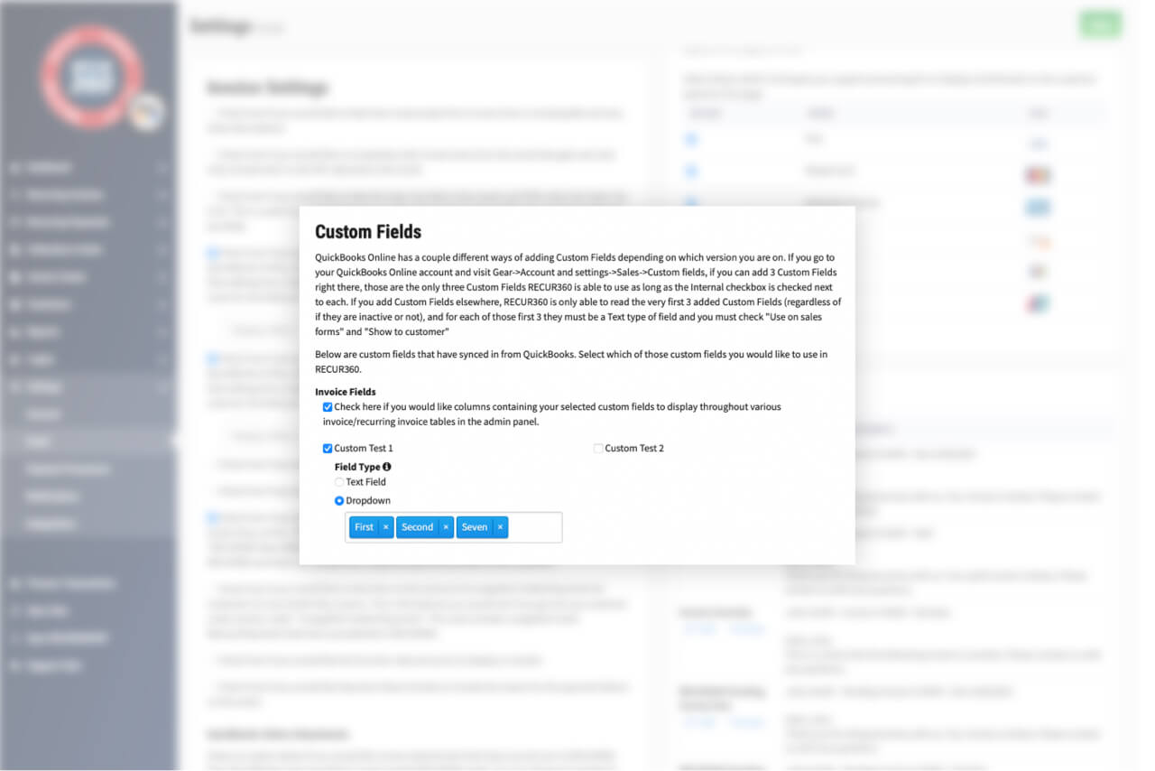 Screenshot of Create custom fields and sync with QuickBooks in RECUR360