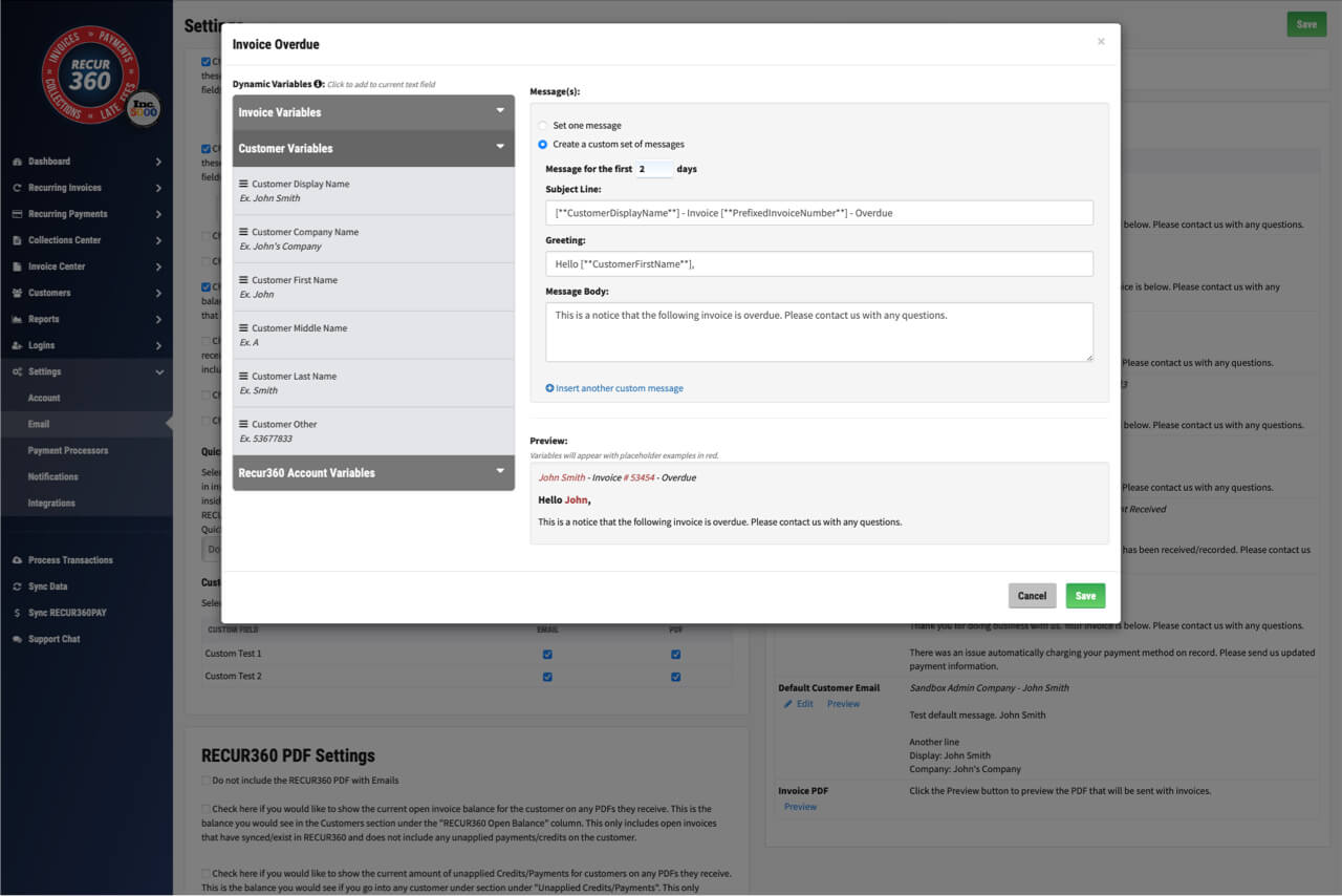 Screenshot of Customize Overdue message Based on How Many Days have Passed in RECUR360