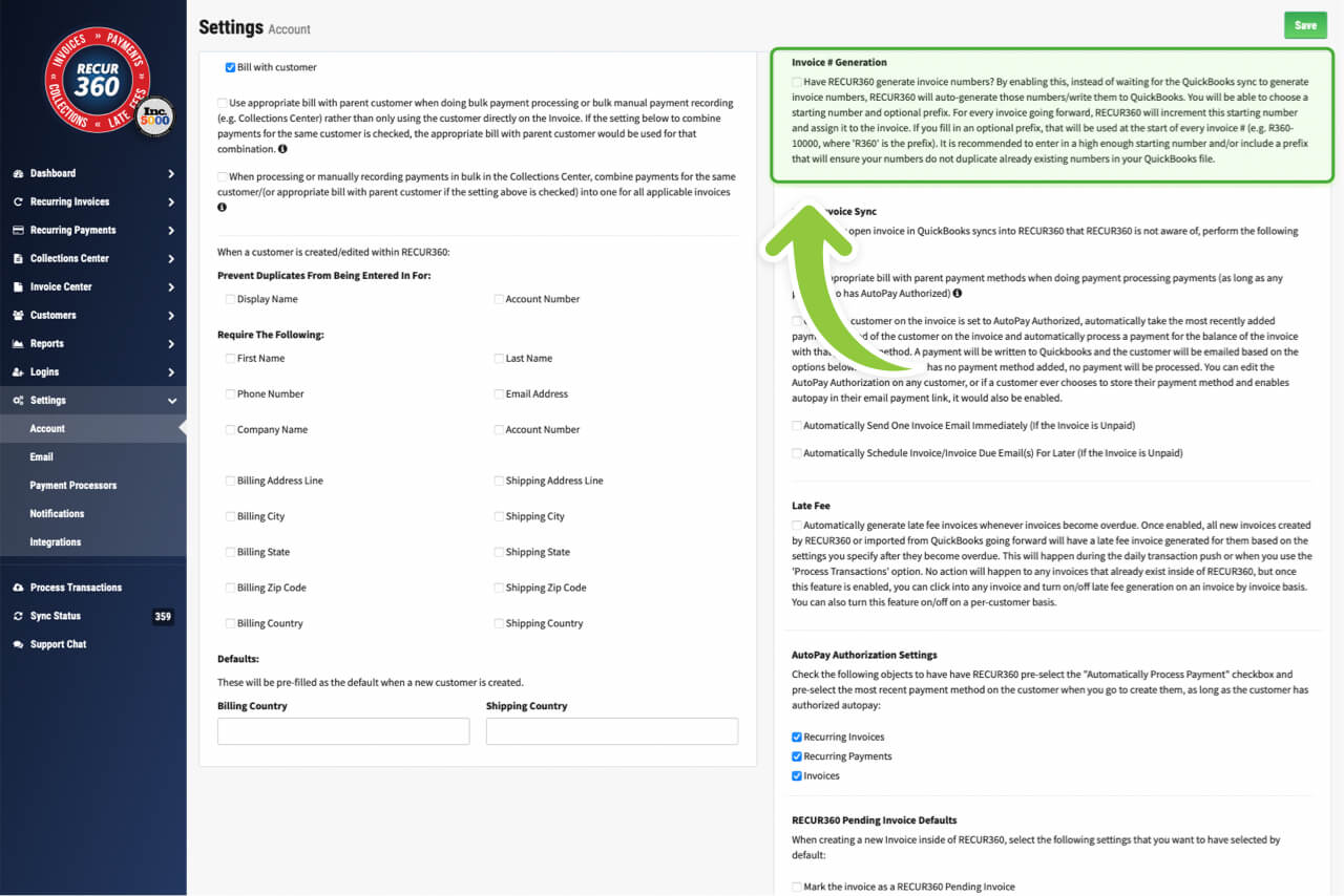 Screenshot of Generate Invoice ID’s and Customize in RECUR360