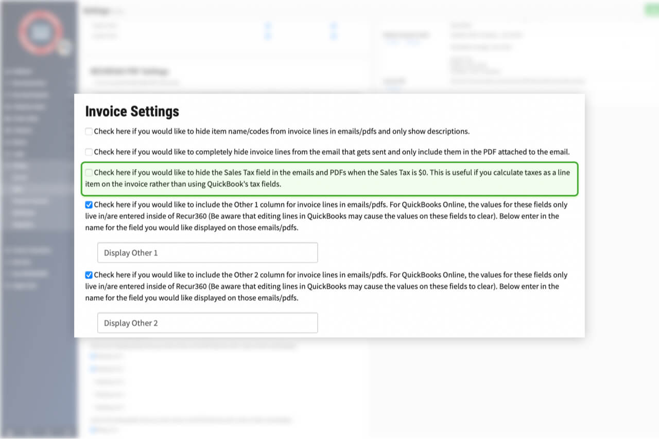 Screenshot of Hide the Sales Tax field in invoices when the Sales Tax is Zero in RECUR360