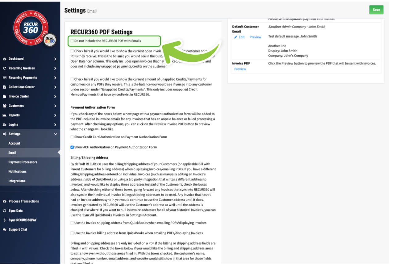 Screenshot of Choose to Include PDF invoice in emails in RECUR360