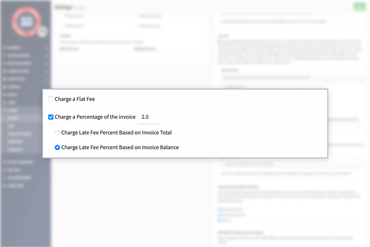 Screenshot of Make Late Fee Based on Invoice Total or Invoice Balance in RECUR360