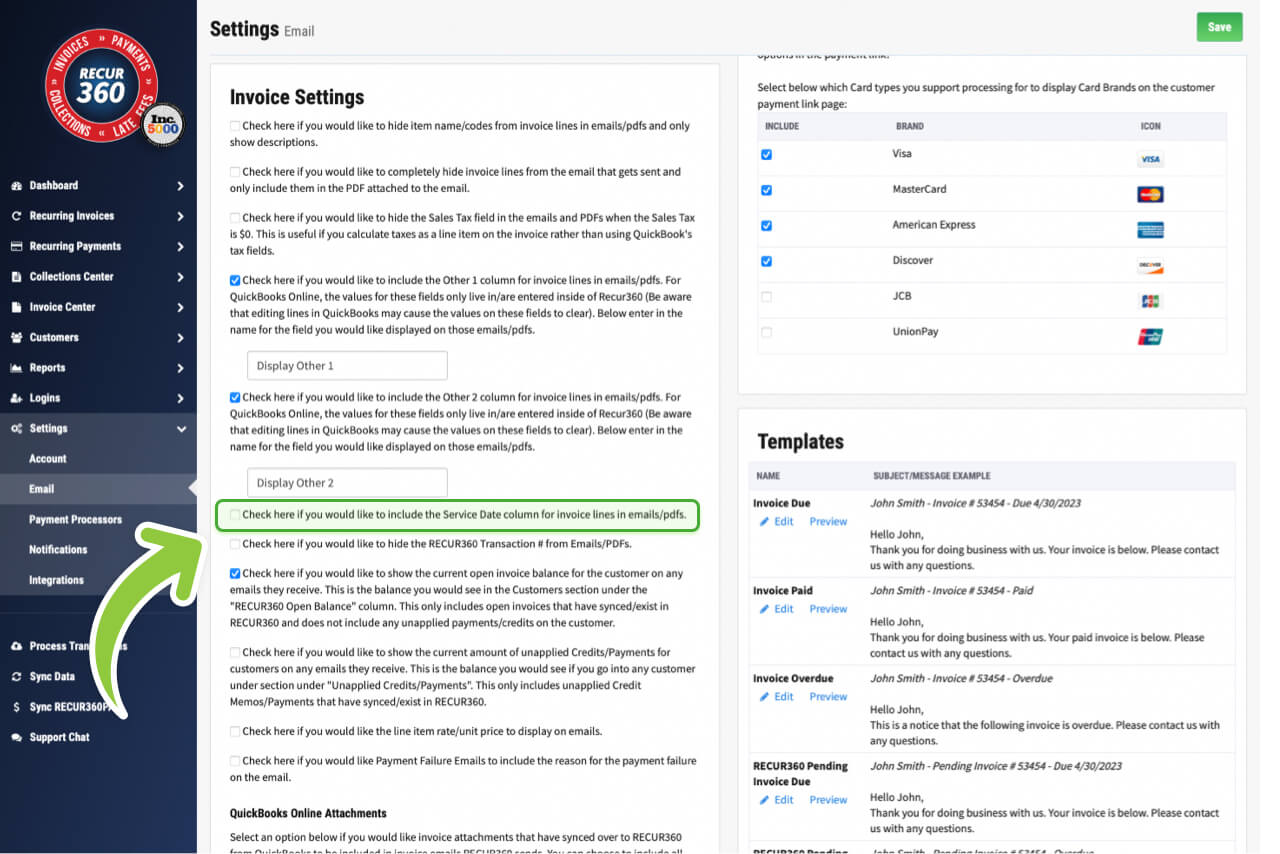 Screenshot of Include Service Date Column for invoice lines in RECUR360