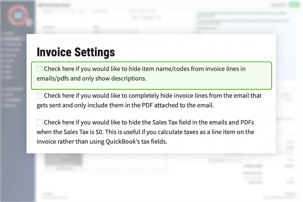 Screenshot of Choose to show or hide item name/number from invoice lines in RECUR360