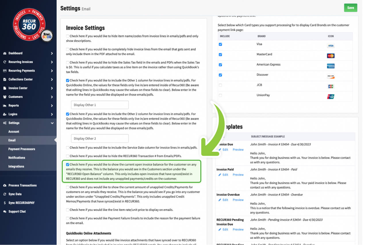 Screenshot of Show customer open balance in RECUR360